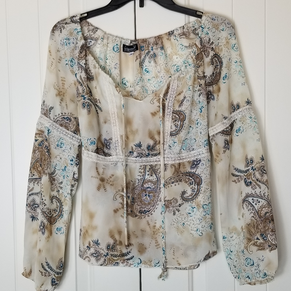 Vintage 90s Sheer Boho Paisley Lace Peasant Top M